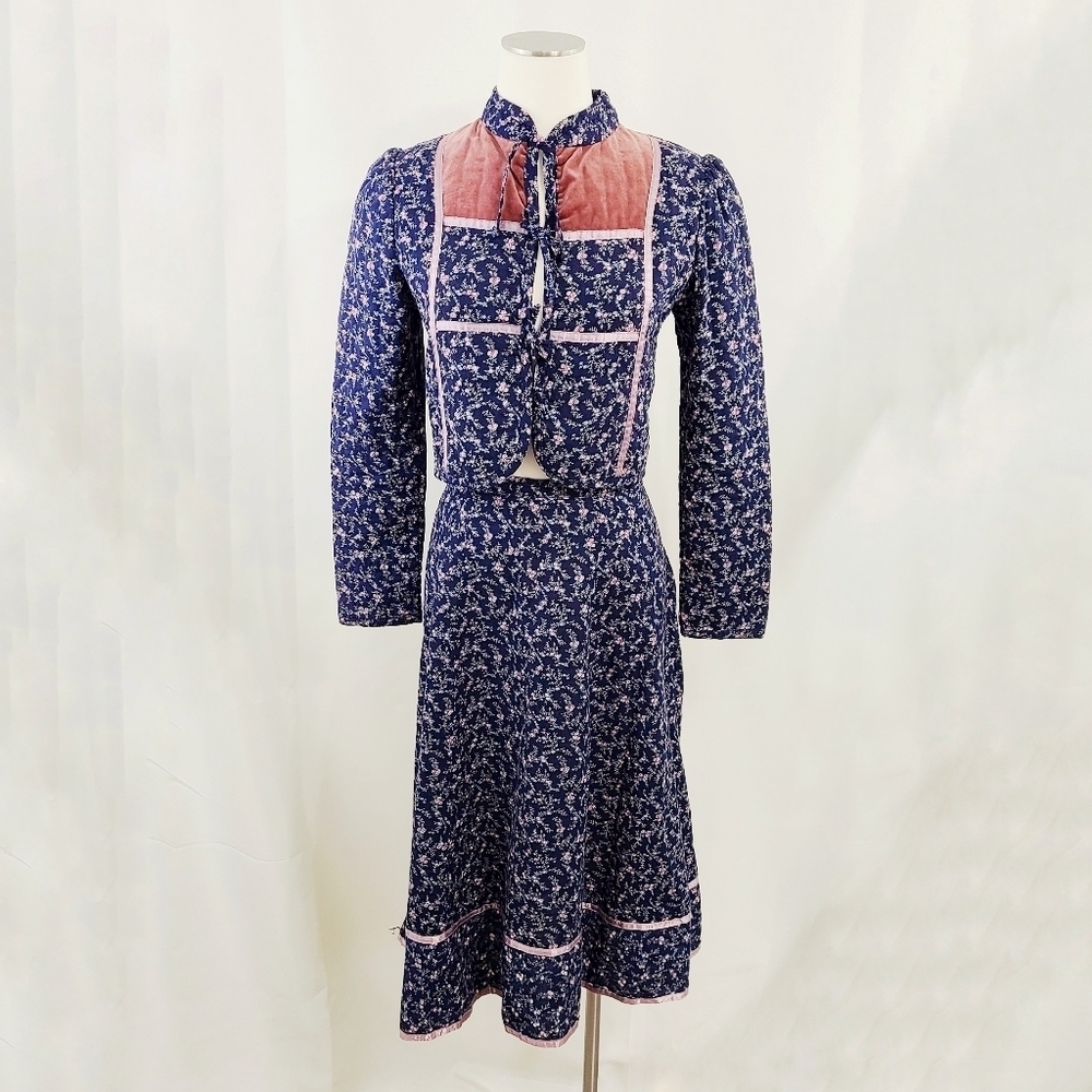 Vtg Gunne Sax two piece dress jacket skirt blue calico floral pink velvet size 9